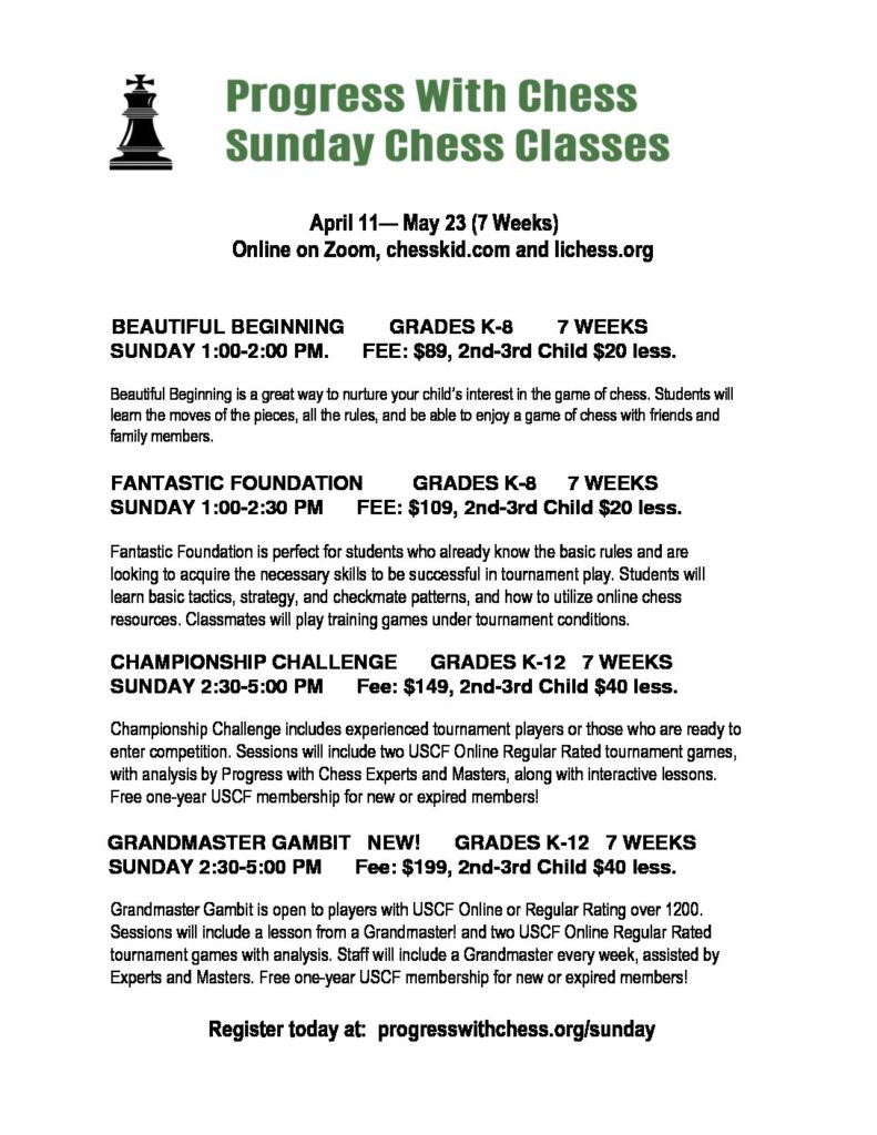 Online Spring Sunday Classes 2021 » Progress With Chess